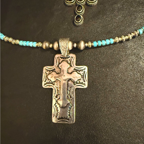 Southwestern Turquoise Sterling Silver Black Onyx Cross Navajo Pearls Necklace - Picture 3 of 8